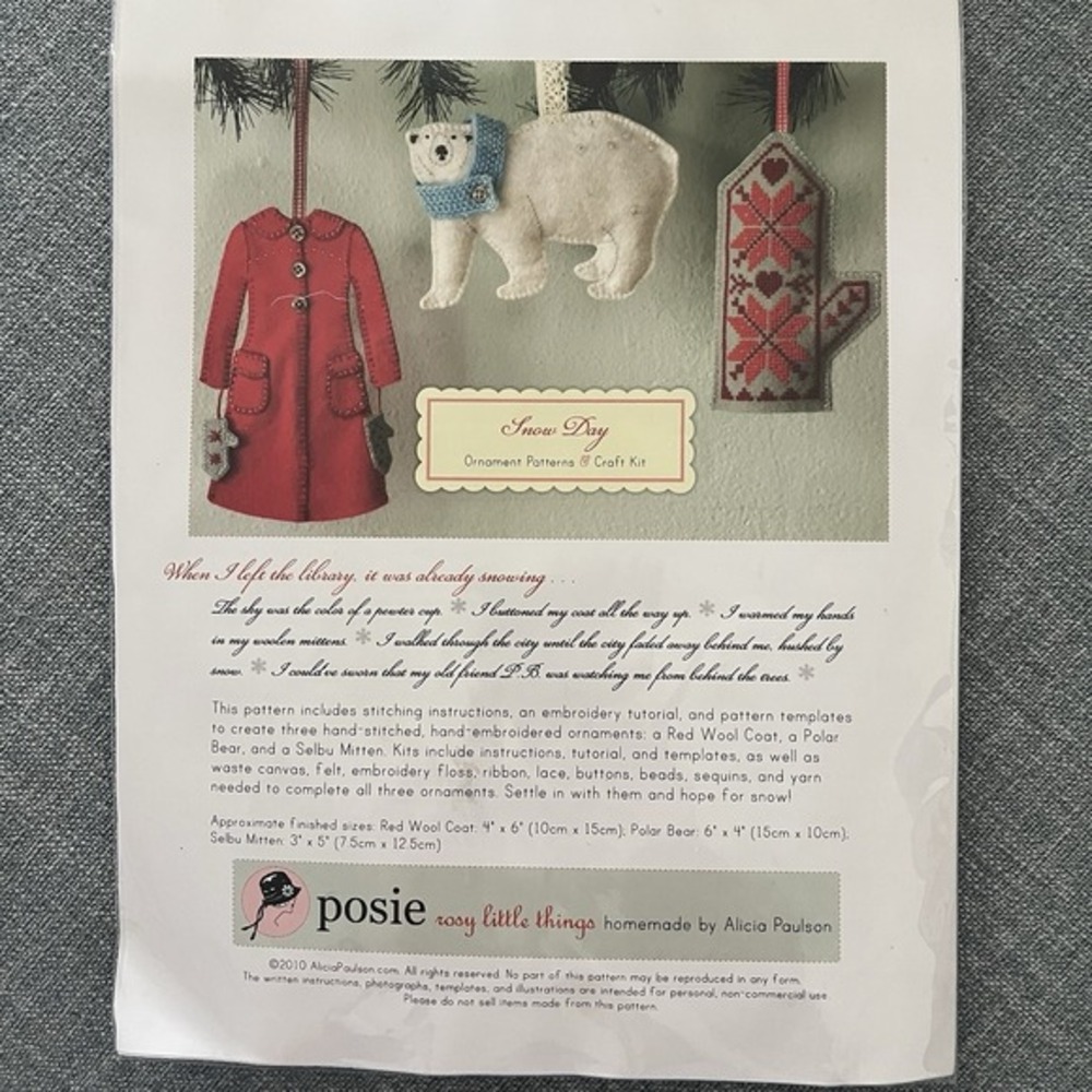 Alicia Paulson Posie Snow Day Ornament Patterns Craft Kit Felt Embroidery NEWDIY